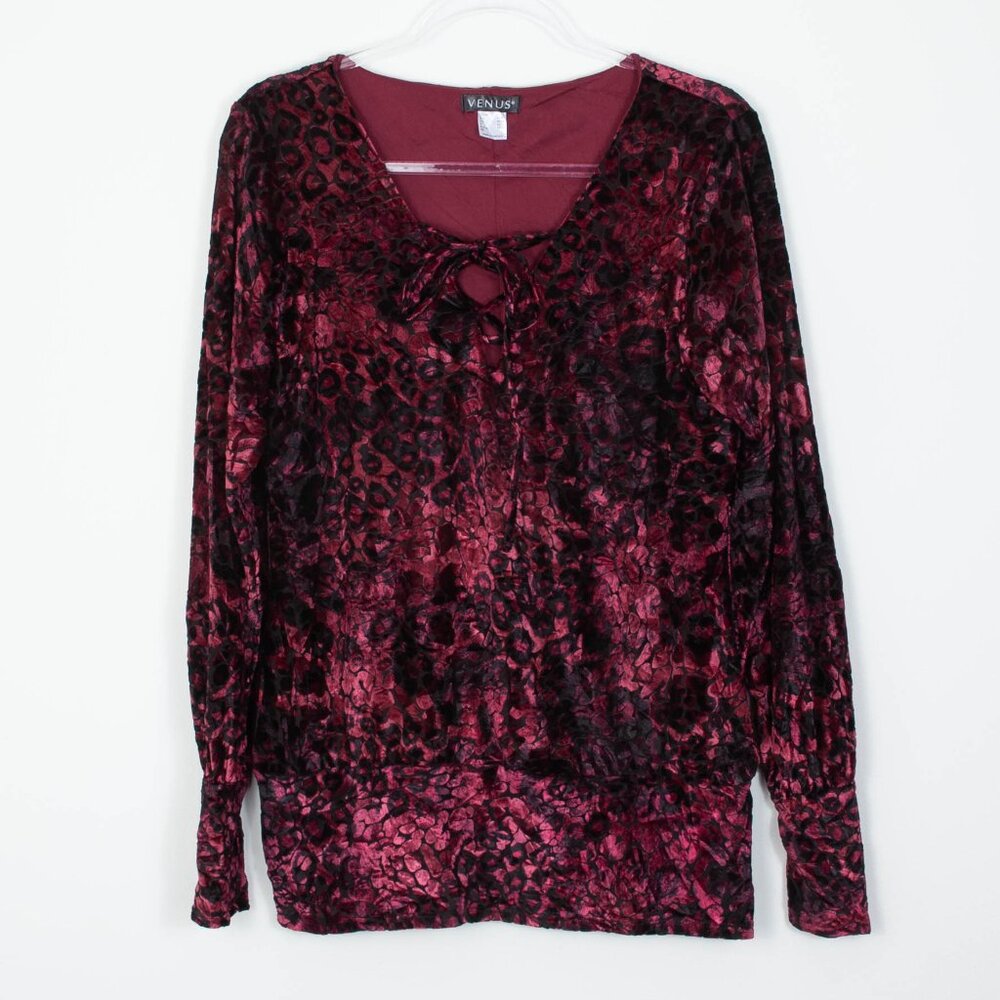 Venus Womens Crushed Velvet Bell Sleeve Top Size‎ L Red Black Dark Romantic Goth